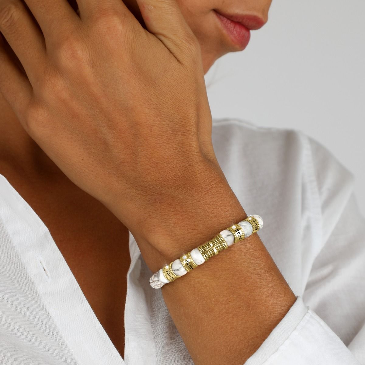 Cross Diamond Name Bracelet - Howlite [18K Gold Vermeil]