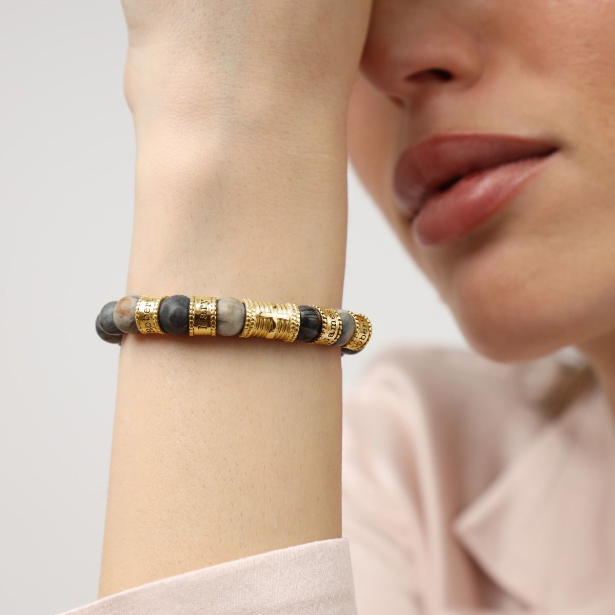 Cross Women Name Bracelet With Picasso Jasper Stones [18K Gold Plated]