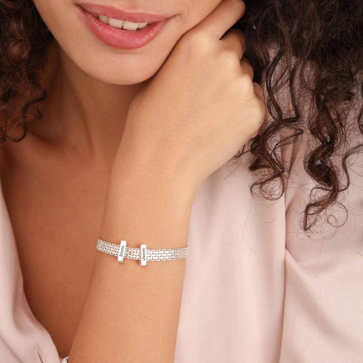 Verzaubertes Milanaise Armband mit Gravur - Balken Charm [Sterlingsilber]