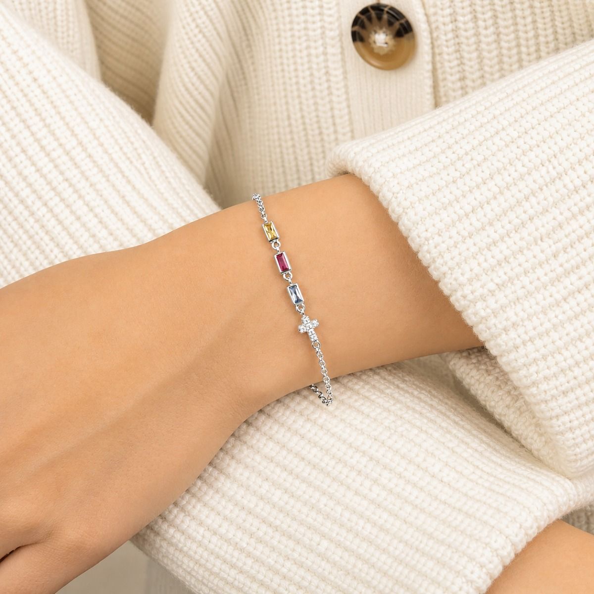 Dazzling Cross Birthstone Bracelet [Sterling Silver]