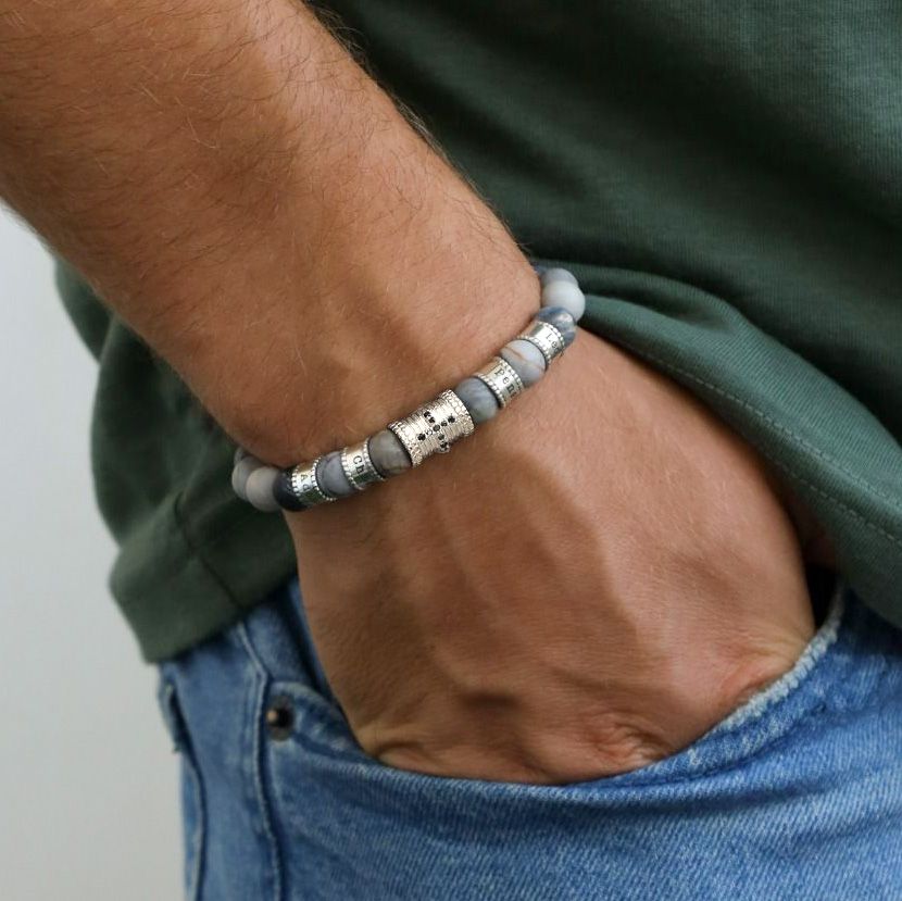 Diamond Cross Men Name Bracelet with Picasso Jasper Stones