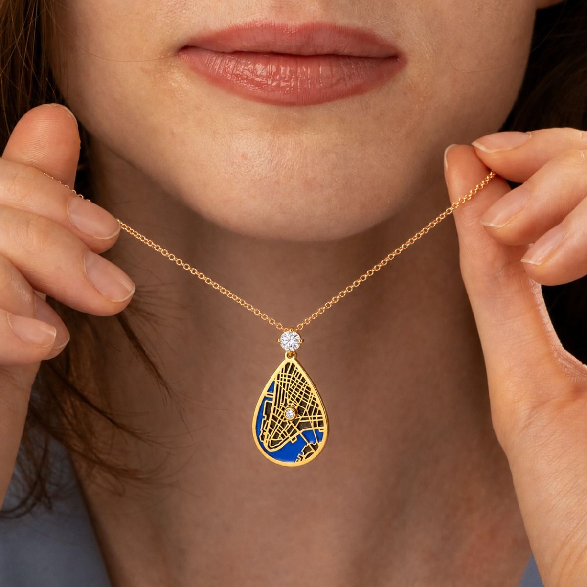 Cherished Spot Aqua Silhouette Map Necklace With 1 Ct Diamond [18K Gold Plated]