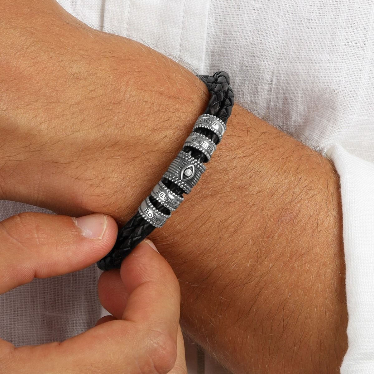 Evil Eye Men Name Bracelet in Silver [Black Leather]