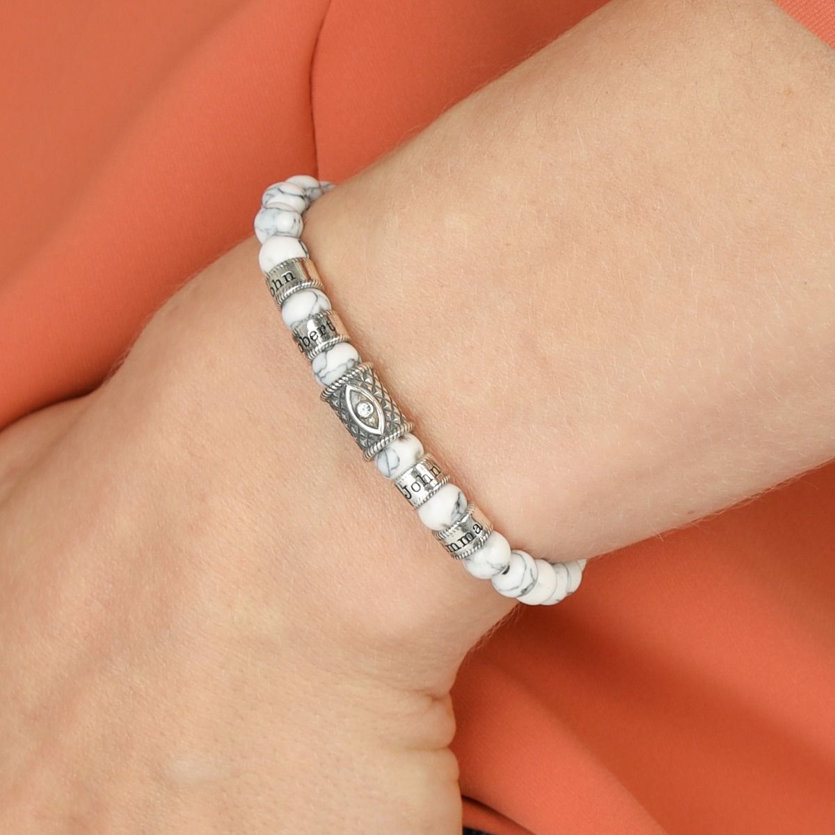 Pulsera con Nombres de Howlita Protectora para Mujeres - Piedra Blanca [Plata de Ley]