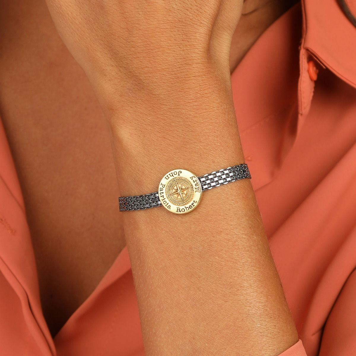 Familienkompass Armband mit Gravur für Damen [Geschwärztes Sterlingsilber / 750er vergoldet]