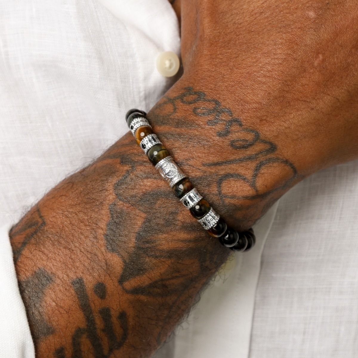 Bracelet Homme Arbre Familial avec Diamants Noirs 0,20 ct – Œil de Tigre Vert