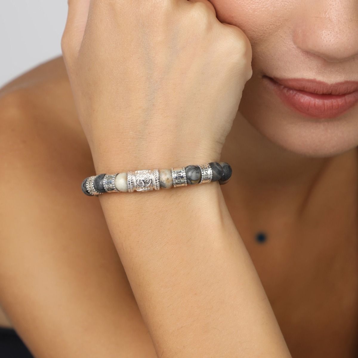 Family Tree Name Bracelet with Picasso Jasper Stones [Silver]