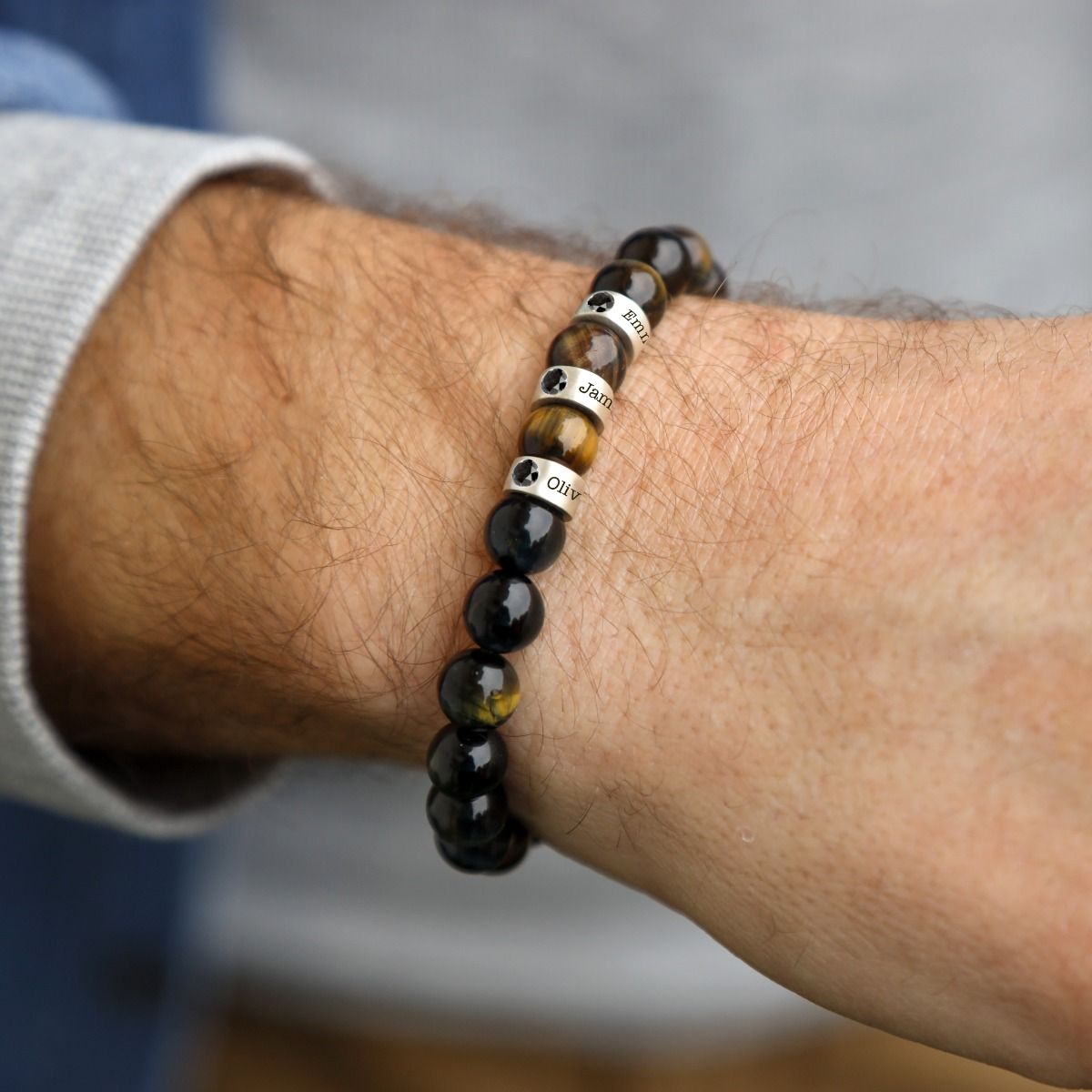 Green Tiger Eye Men Name Bracelet with 0.20 ct Black Diamonds