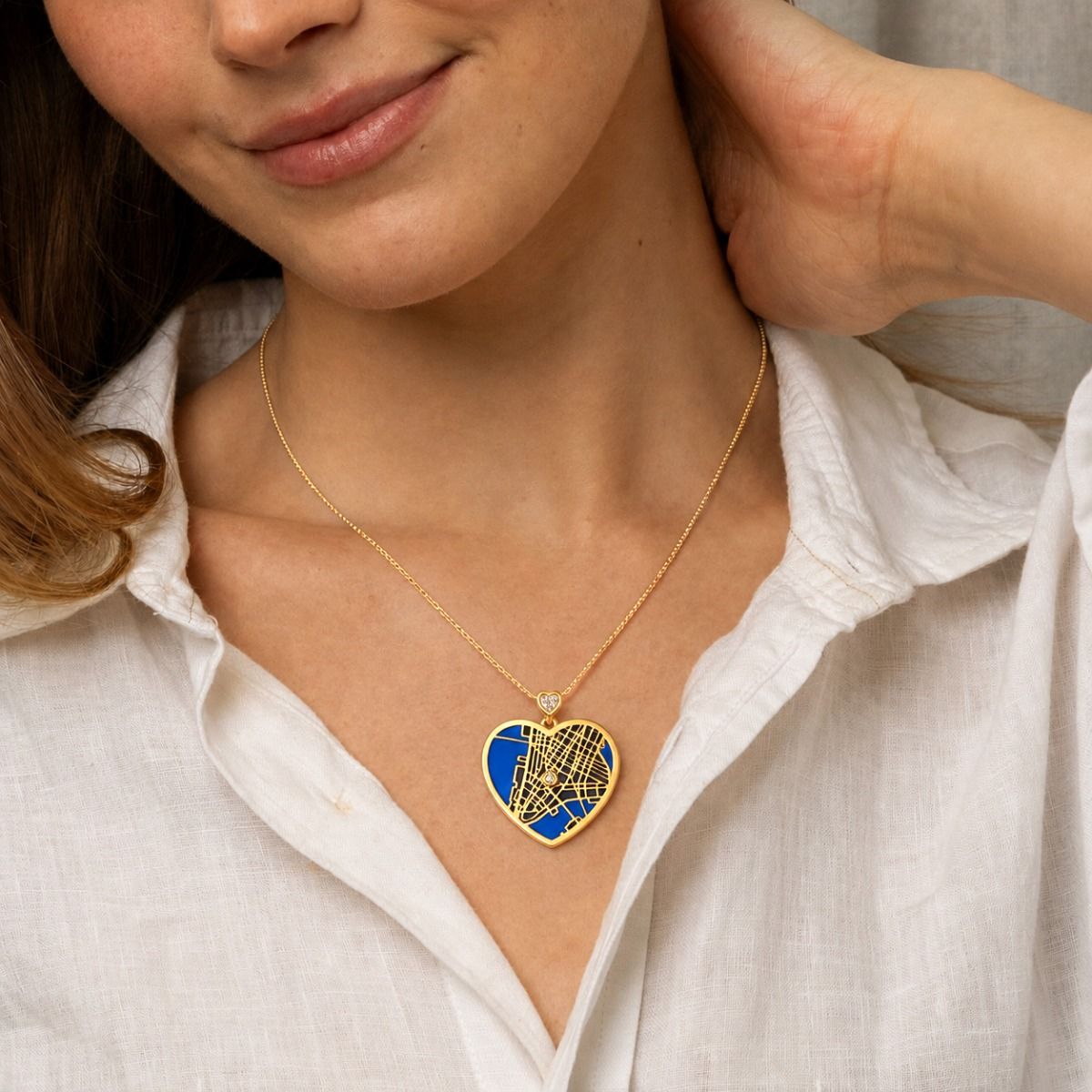 Ties of Heart Aqua Silhouette Map Necklace with Heart Diamond [18K Gold Plated]
