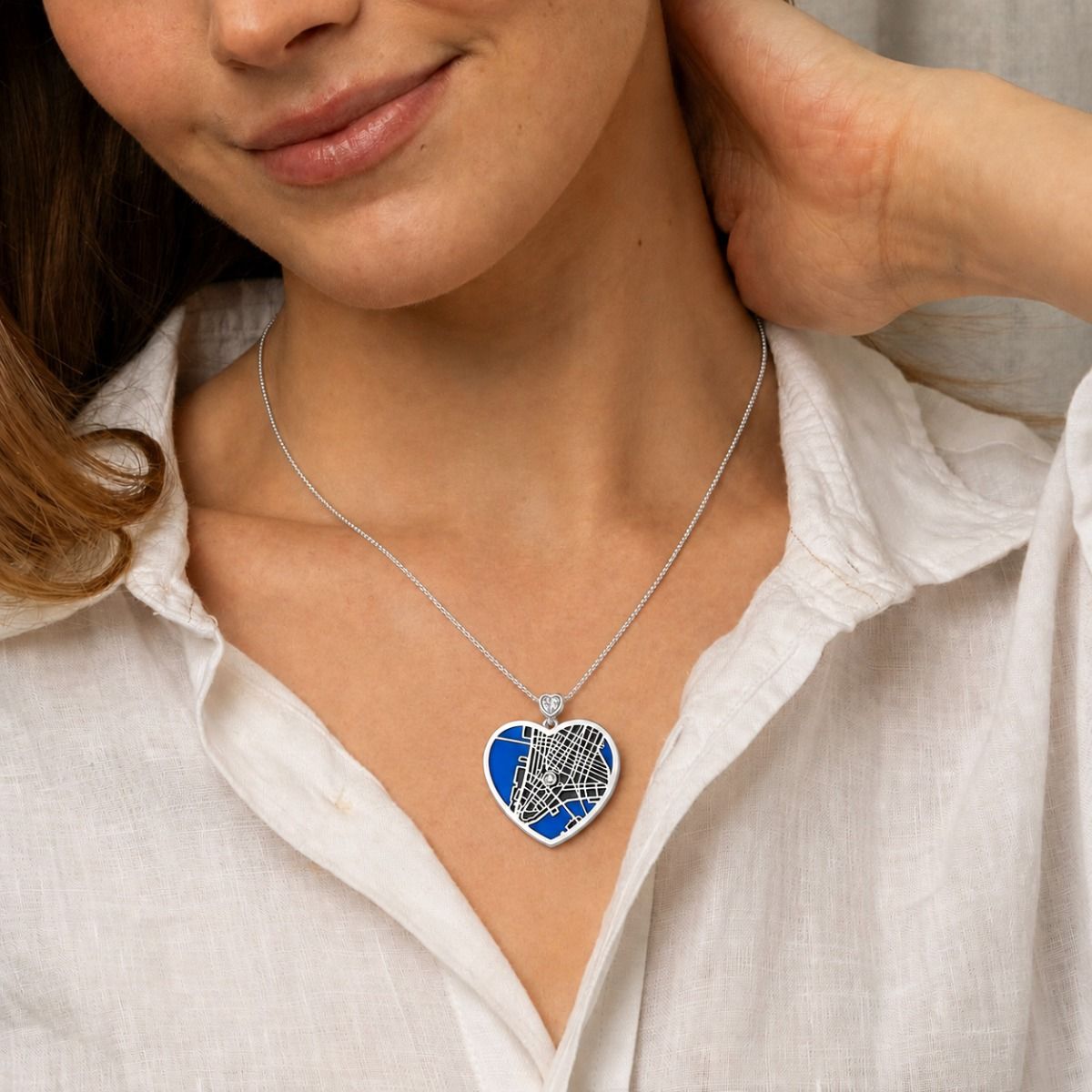 Ties of Heart Aqua Silhouette Map Necklace with Heart Diamond