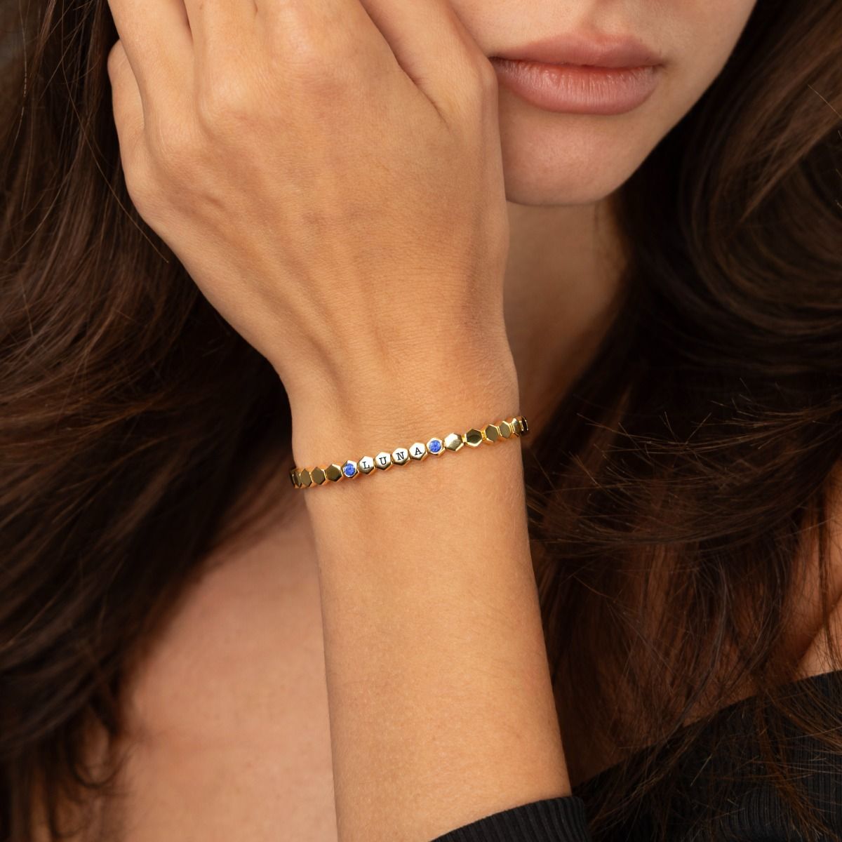 Mia Tennis Hexagon Initials Bracelet with Gemstones [18K Gold Vermeil]