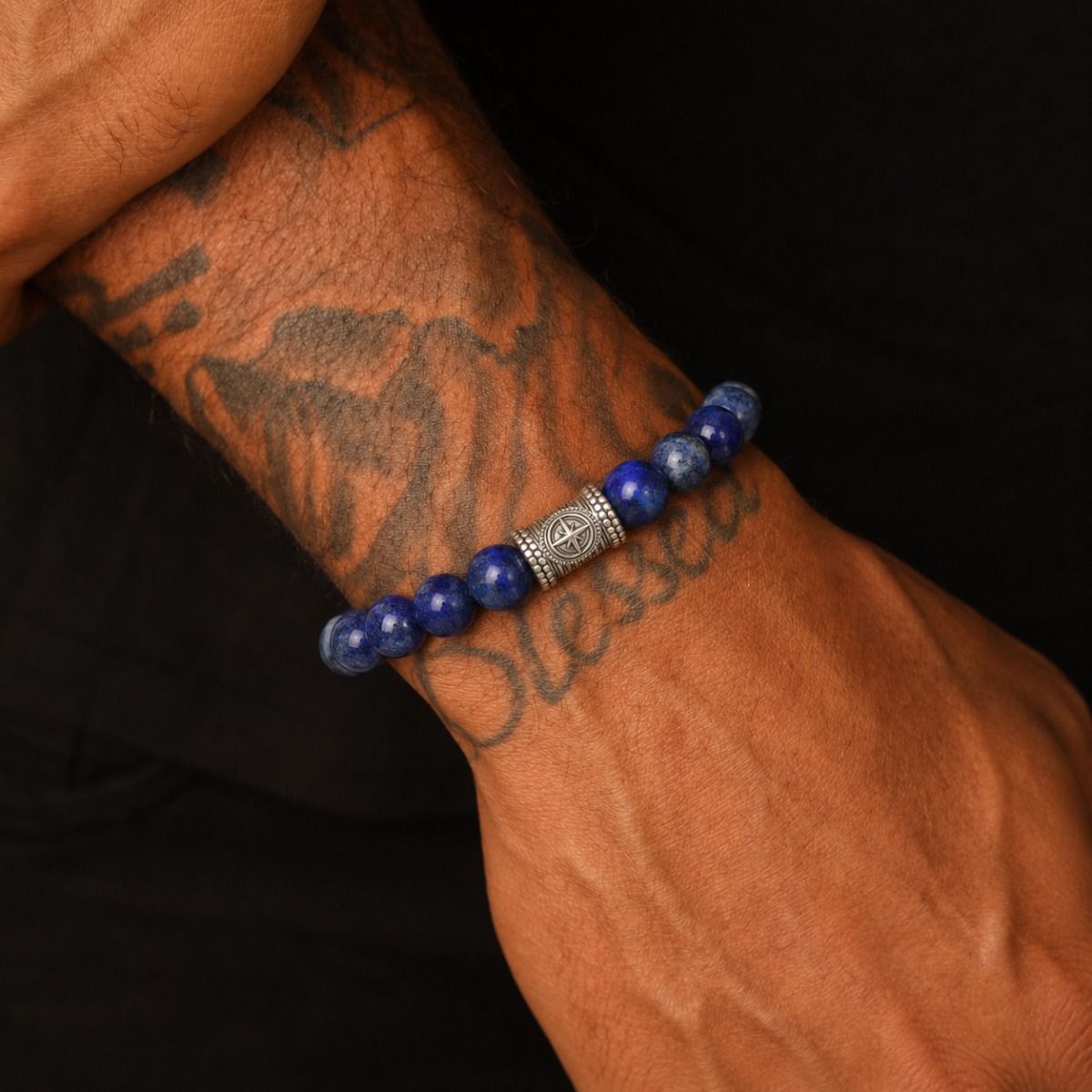 Compass Men Bracelet with Lapis Lazuli Stones
