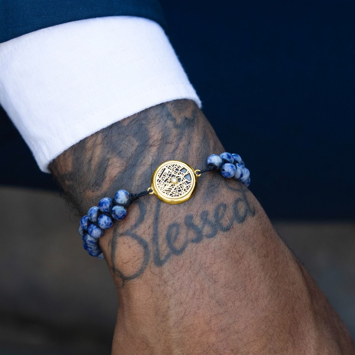 Lapis Lazuli Silhouette Map Men Bracelet [14 Karat Gold]