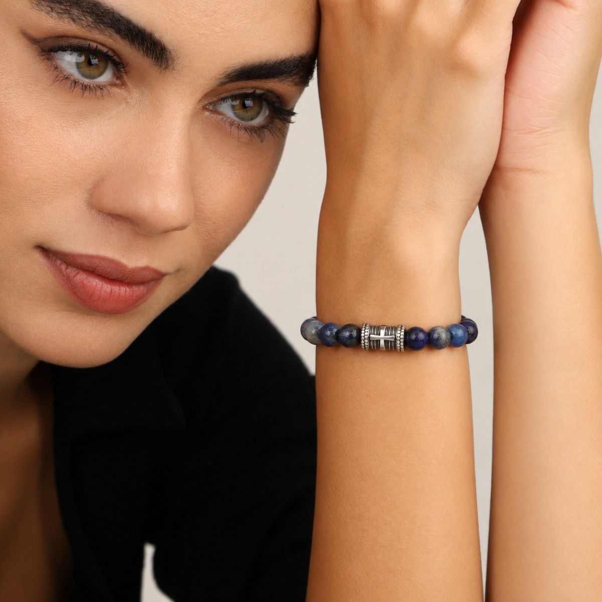 Cross Women Bracelet With Lapis Lazuli Stones [Silver]