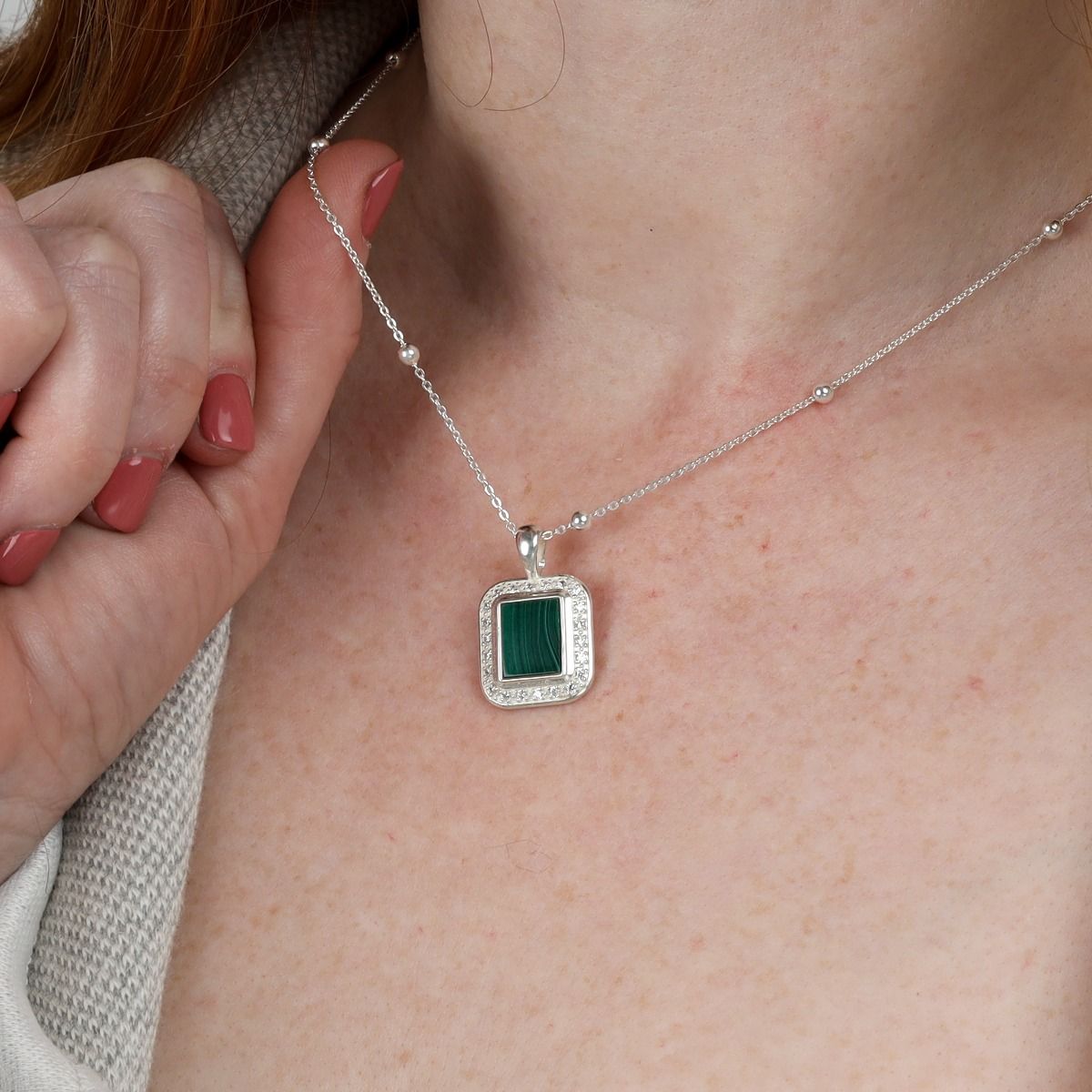 Berührung der Natur Malachit Halskette - Mit Weißen Kristallen [Sterlingsilber]