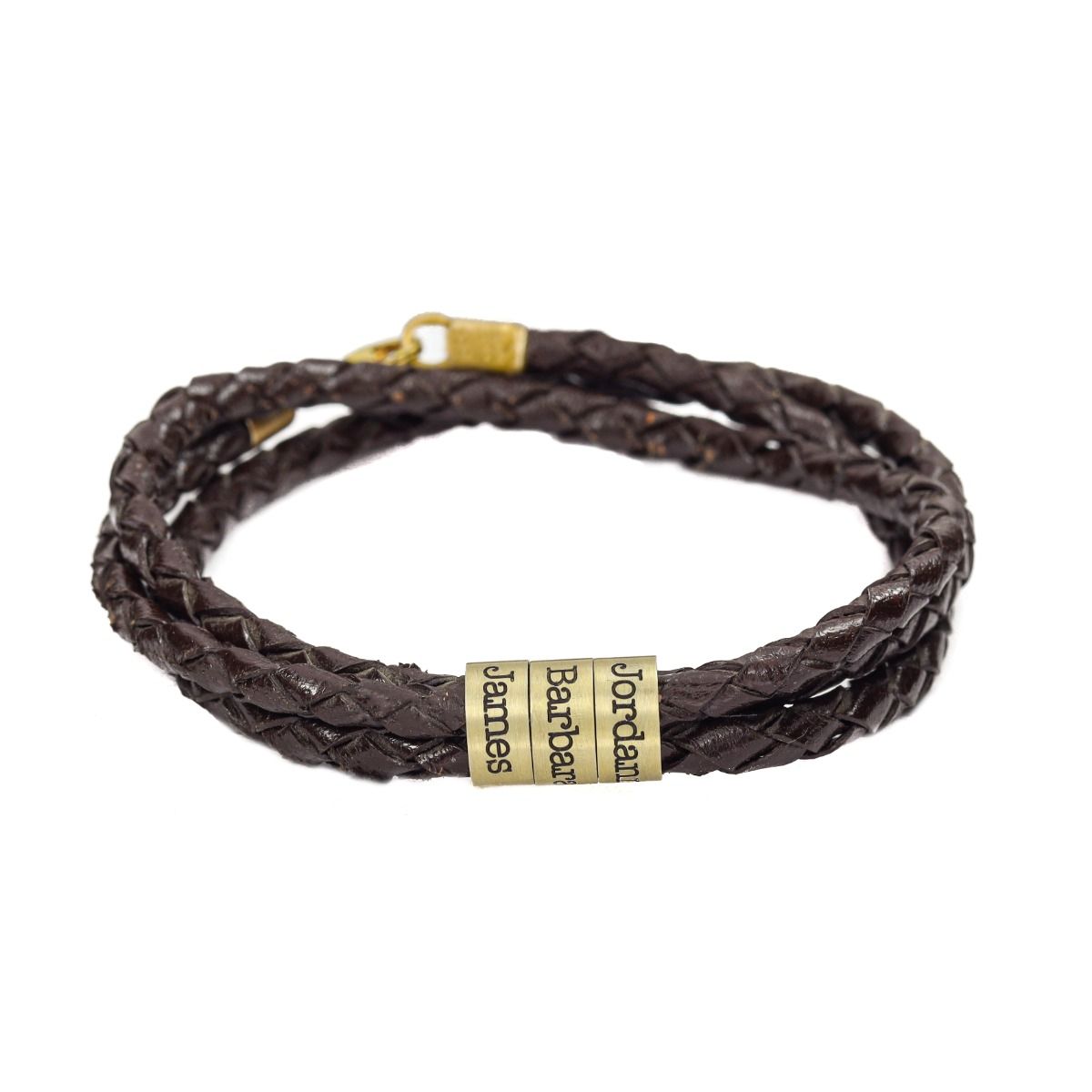 Braunes Herrenarmband mit gravierten Ringen mit Vergoldung