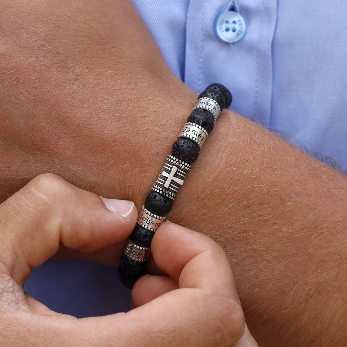 Cross Men Name Bracelet With Lava Stones