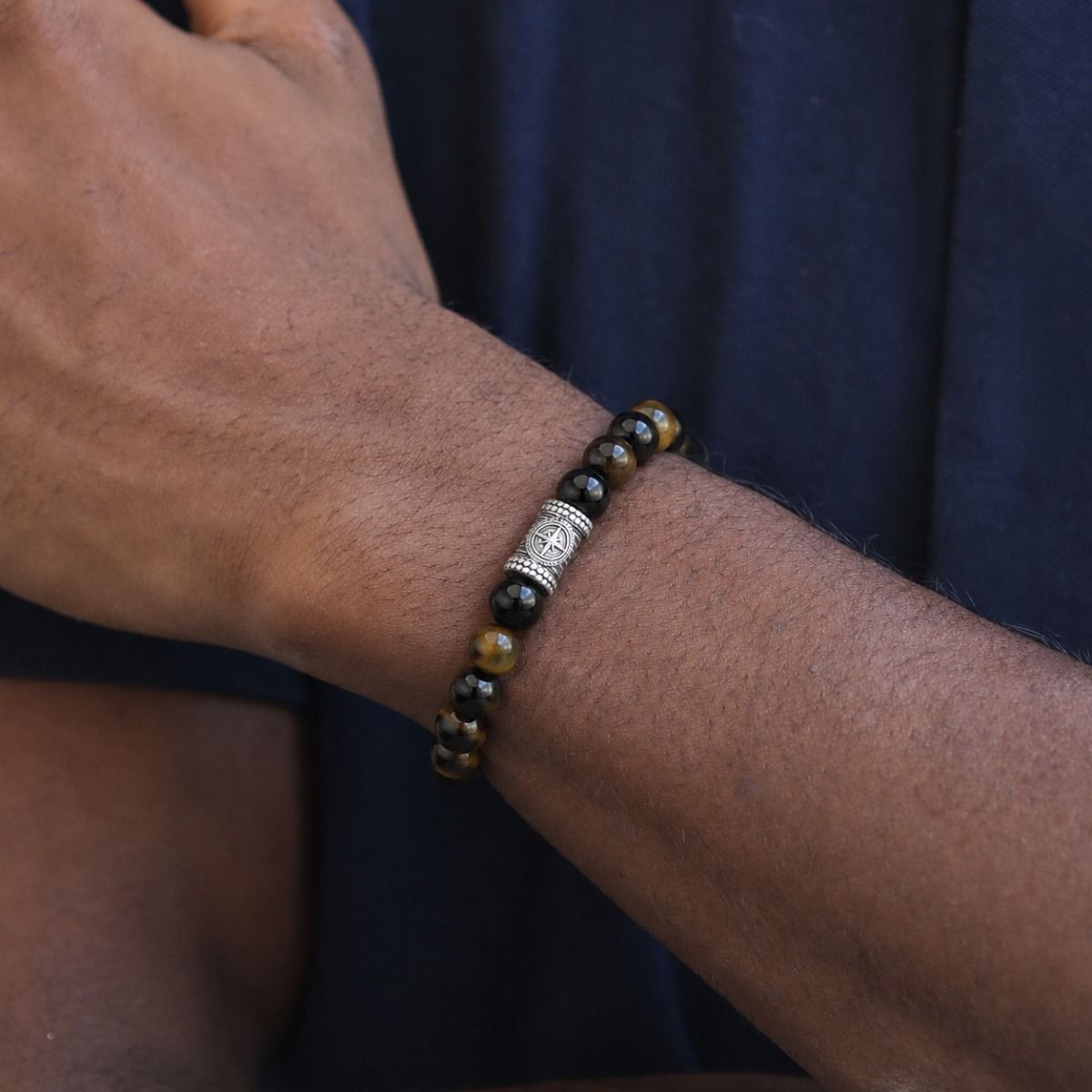 Compass Men Bracelet with Green Tiger Eye Stones