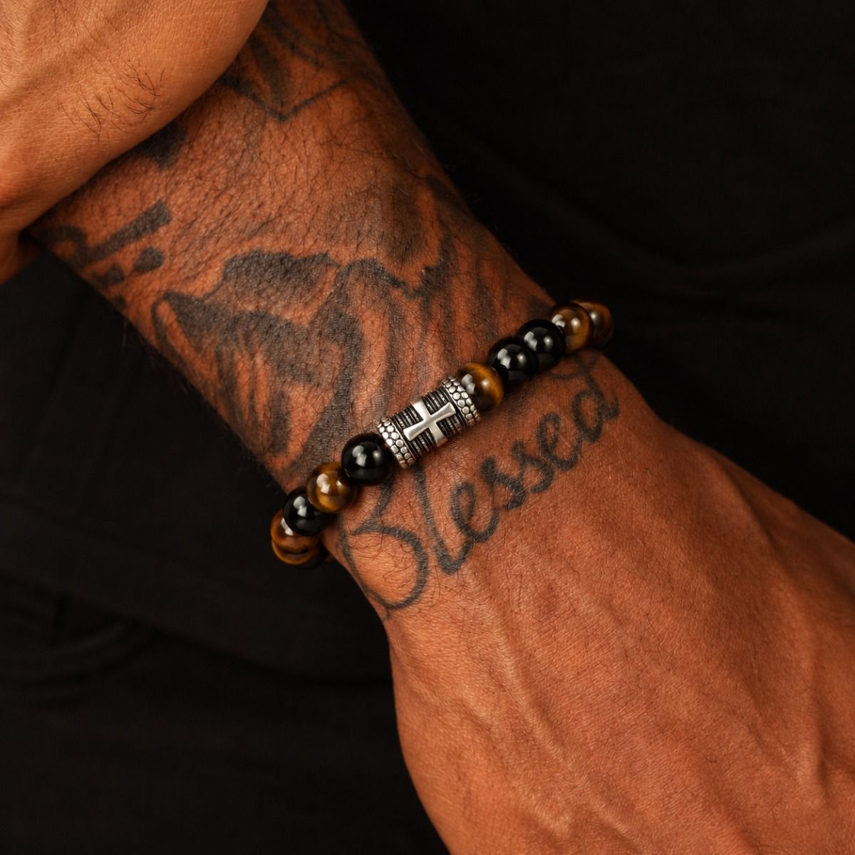 Cross Men Bracelet with Green Tiger Eye Stones