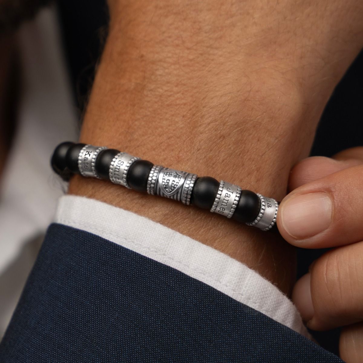 Schild Herrenarmband aus Schwarzem Onyx mit Gravur [Silber]