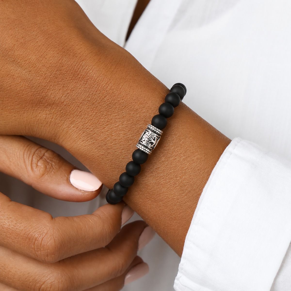 Family Tree Women Bracelet with Black Onyx Stones [Silver]