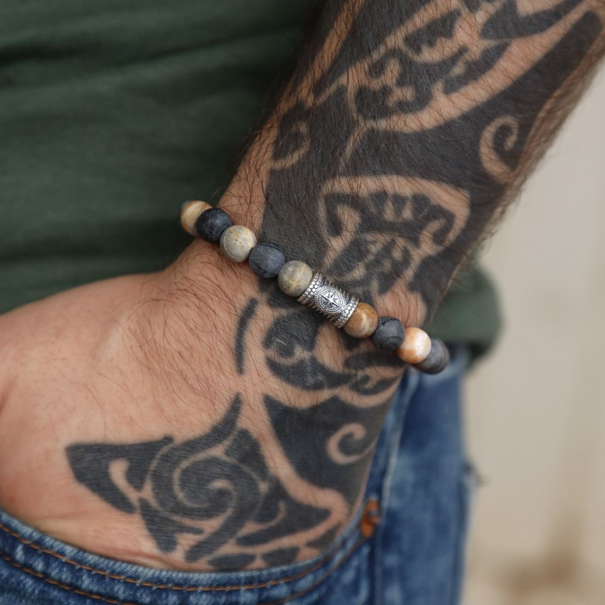 Bracelet Jaspe Picasso avec Boussole pour Homme