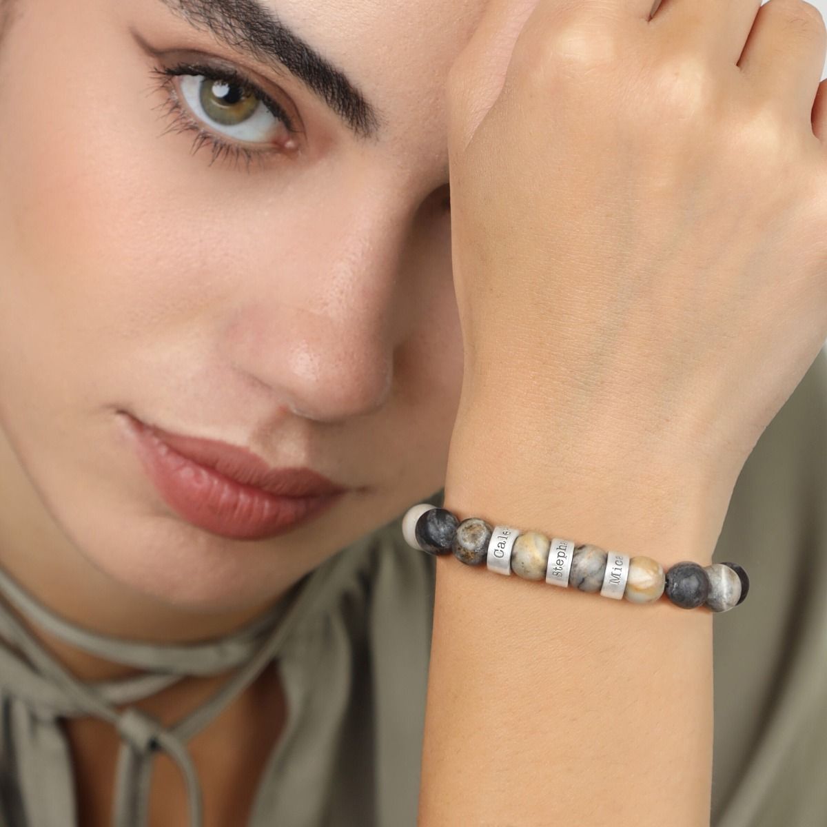 Bracelet Jaspe Picasso Avec Prénoms pour Femme [Argent 925]