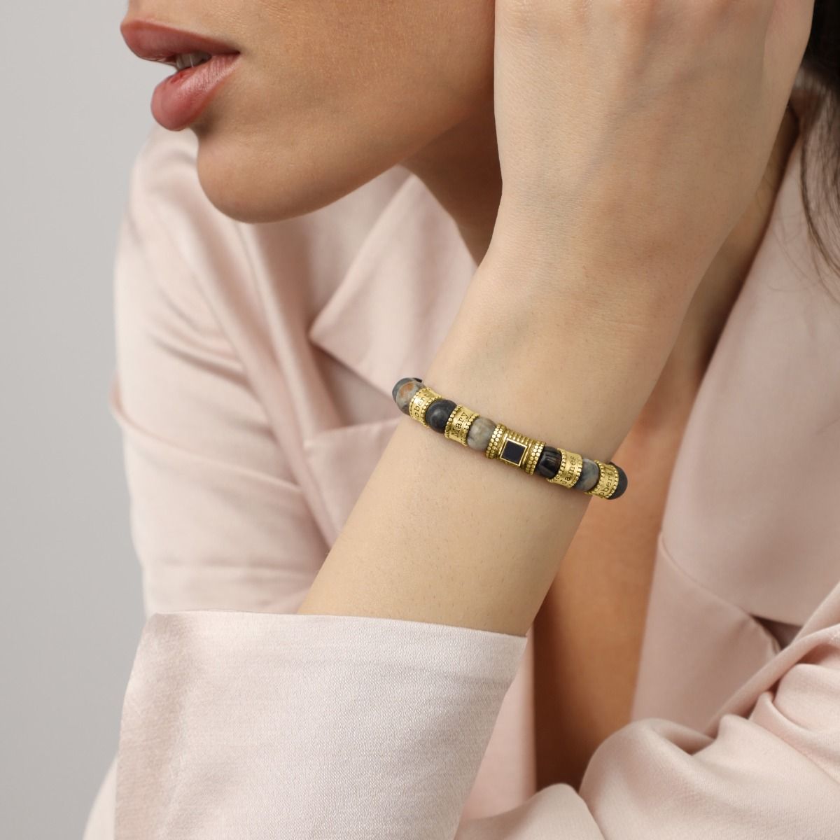 Damenarmband aus Picasso Jasper mit Gravur und Nano-Bibel [750er vergoldet]