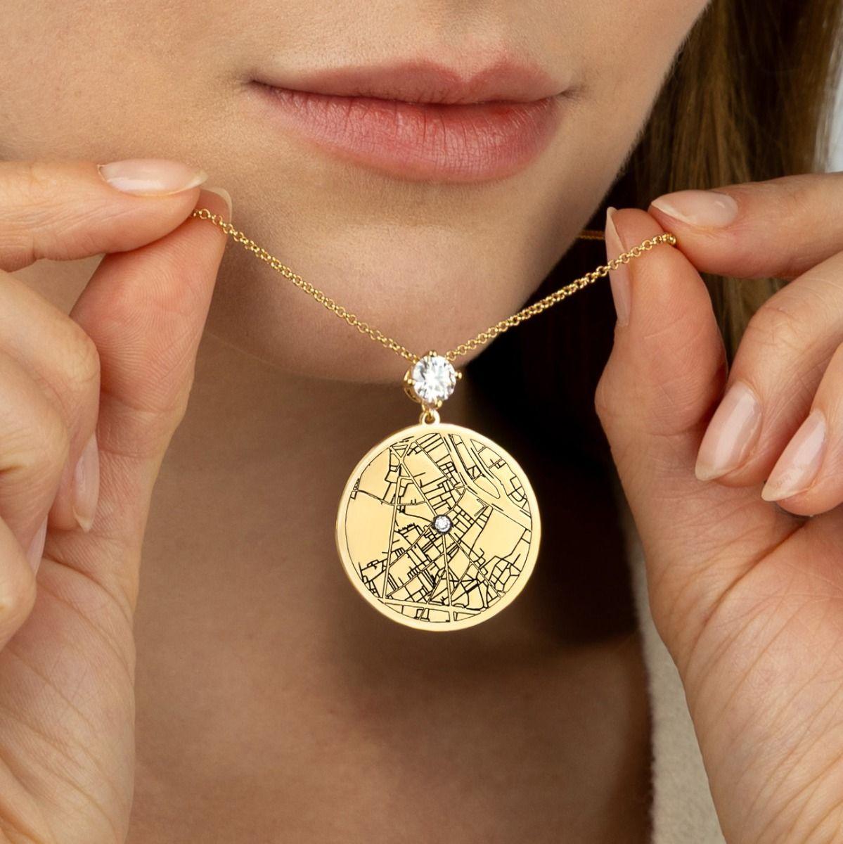 Precious Spot Engraved Map Necklace With 1 Ct Diamond [14 Karat Gold]