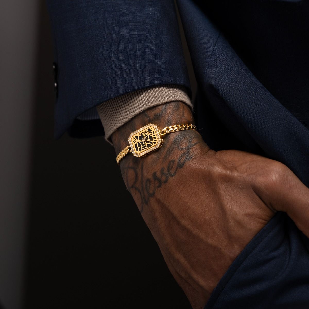 Signature Spot Diamond Map Men Bracelet with Cuban Chain [18K Gold Plated]