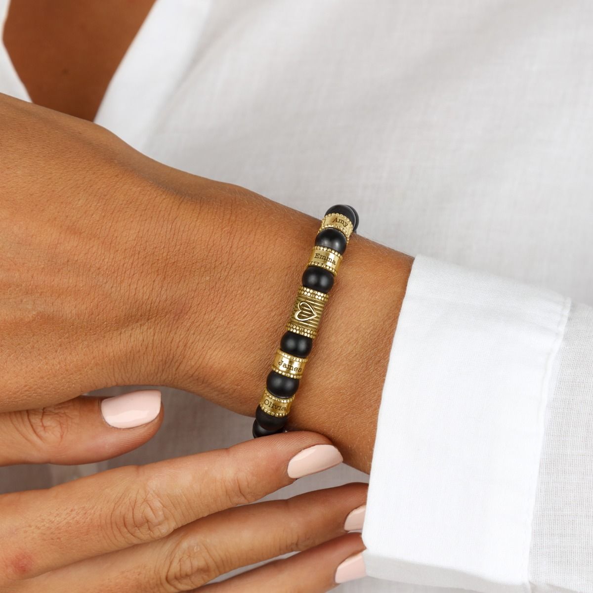 Bracelet Onyx Noir Liens du Cœur avec Prénoms pour Femme - Plaqué Or 18ct