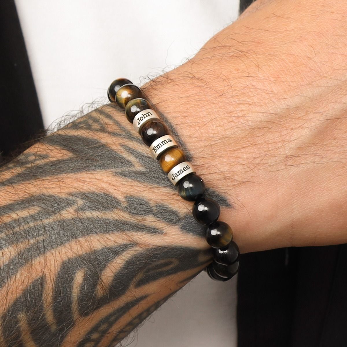 Bracelet Œil de Tigre Vert avec Prénoms pour Homme