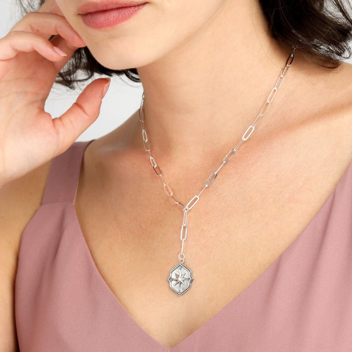 Ware Noorden Kompas Schakel Ketting met Naam [Sterling Zilver]
