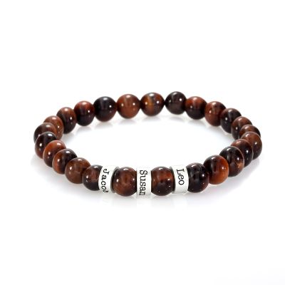 Red Tiger Eye Bracelet with 3 engraved sterling silver beads
