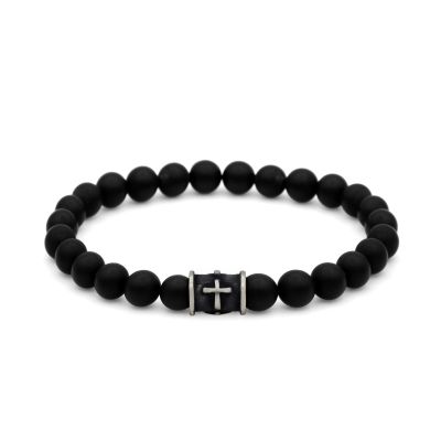 Black Silver Cross Men Bracelet with Black Onyx Stones