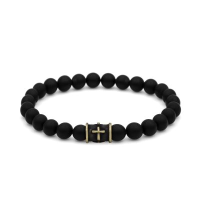 Bracelet Croix Noire en Onyx Noir pour Homme - Laiton Doré