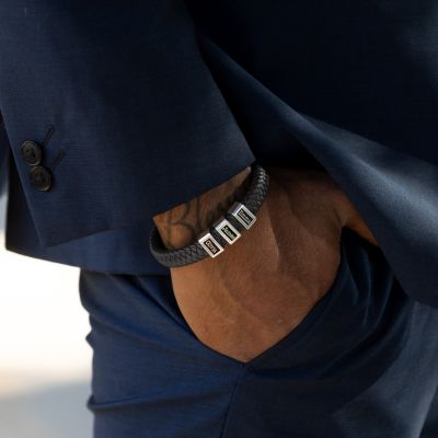 Schwarzes Leder Namensarmband für Herren - Sterlingsilber