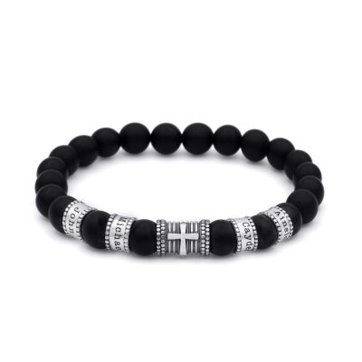 Pulsera Personalizada con Cruz y Piedras de Ónix Negro para Mujer [Plata de Ley]
