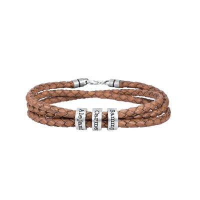 Bracelet Marron Camel avec Sphères Gravées en Argent 925 pour Homme
