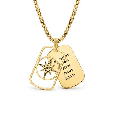 Collier Plaque Boussole avec Prénoms pour Homme - Plaqué Or 18ct