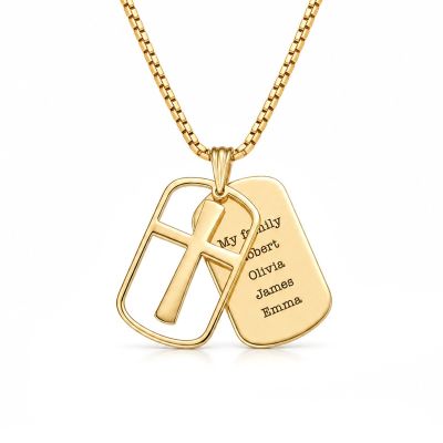 Collier Croix Sacré Plaque avec Prénoms pour Homme - Vermeil 18ct