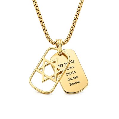 Collier Plaque Étoile de David avec Prénom pour Homme - Plaqué Or 18ct