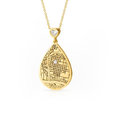 Cherished Spot Engraved Map Necklace with Heart Diamond [14 Karat Gold]