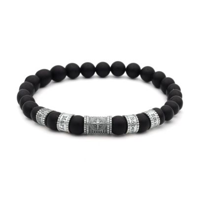 Kompass Damenarmband aus schwarzem Onyx mit Gravur [Silber]
