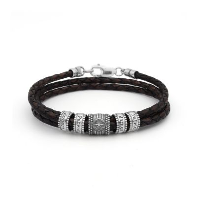 Compass Men Name Bracelet in Silver [Brown Leather]
