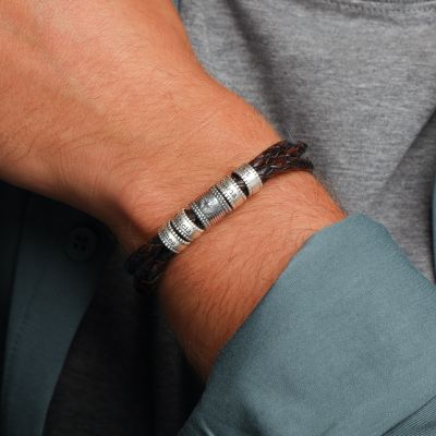 Compass Charm on a Men's Leather Bracelet with Engraved Silver Spheres [Brown Leather]
