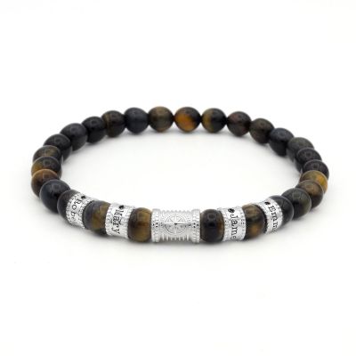 Bracelet Œil de Tigre Vert Boussole Prénoms avec Diamants pour Homme