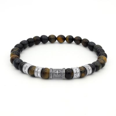 Bracelet with Green Tiger Eye Stones, compass charm and engraved silver beads