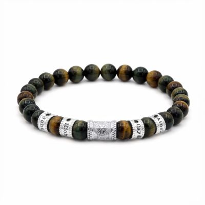 Bracelet Homme Boussole avec Diamants Noirs 0,20 ct - Œil de Tigre Vert