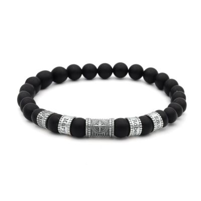 Bracelet Onyx Noir Prénom avec Boussole pour Homme